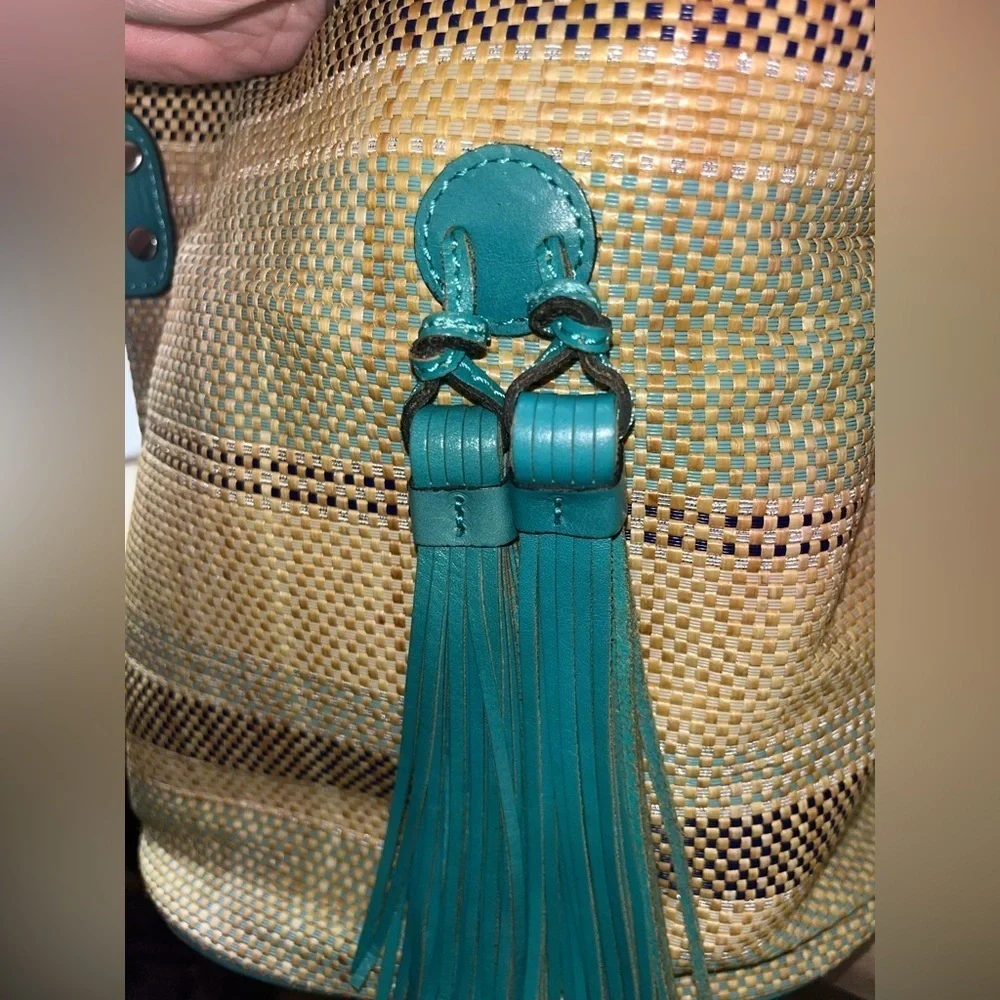 Patricia Nash Octavia Leather Blue Teal & Beige Women's Wicker Woven Tote